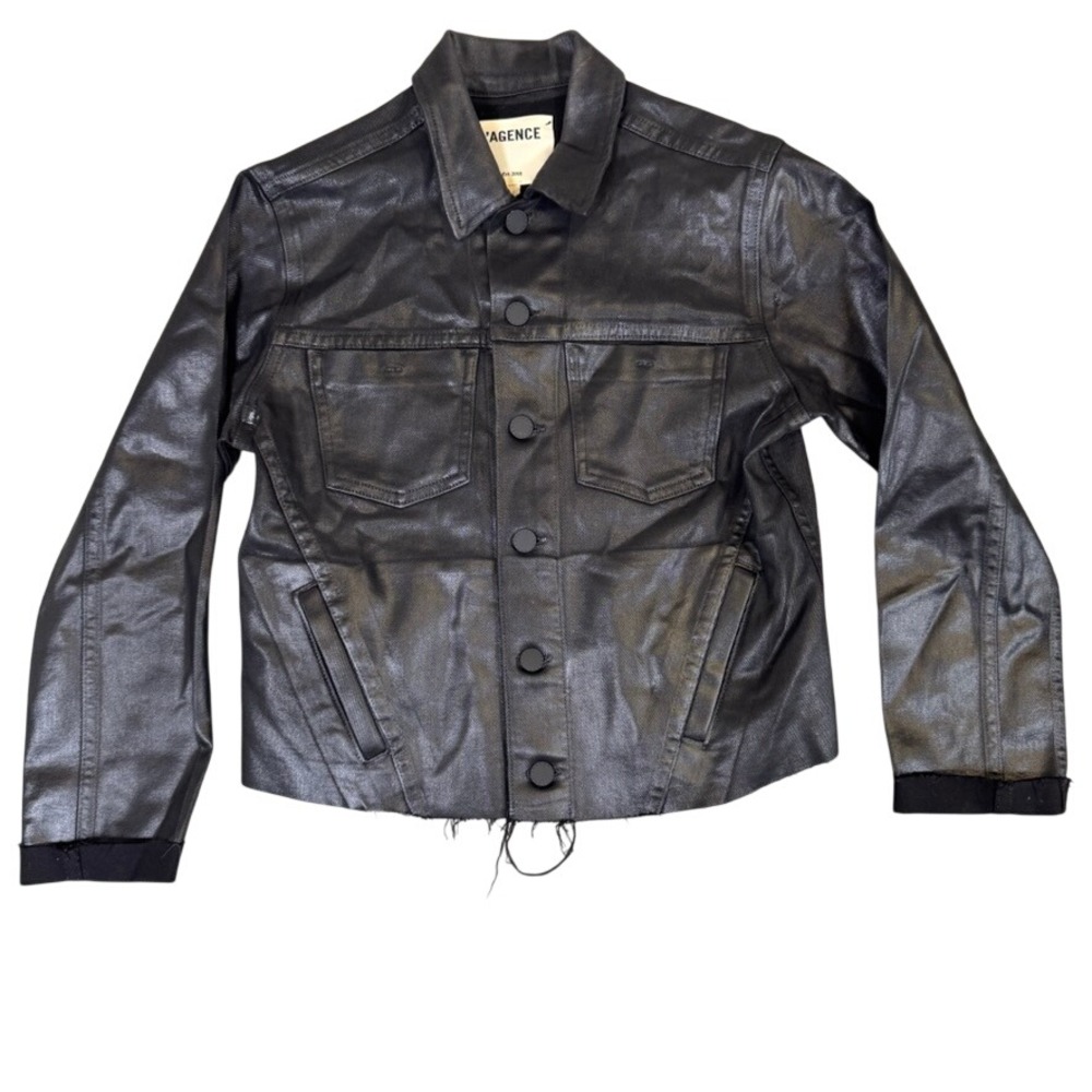 L'AGENCE Janelle Slim Coated Denim Jacket Saturated Black Raw Hem Size M